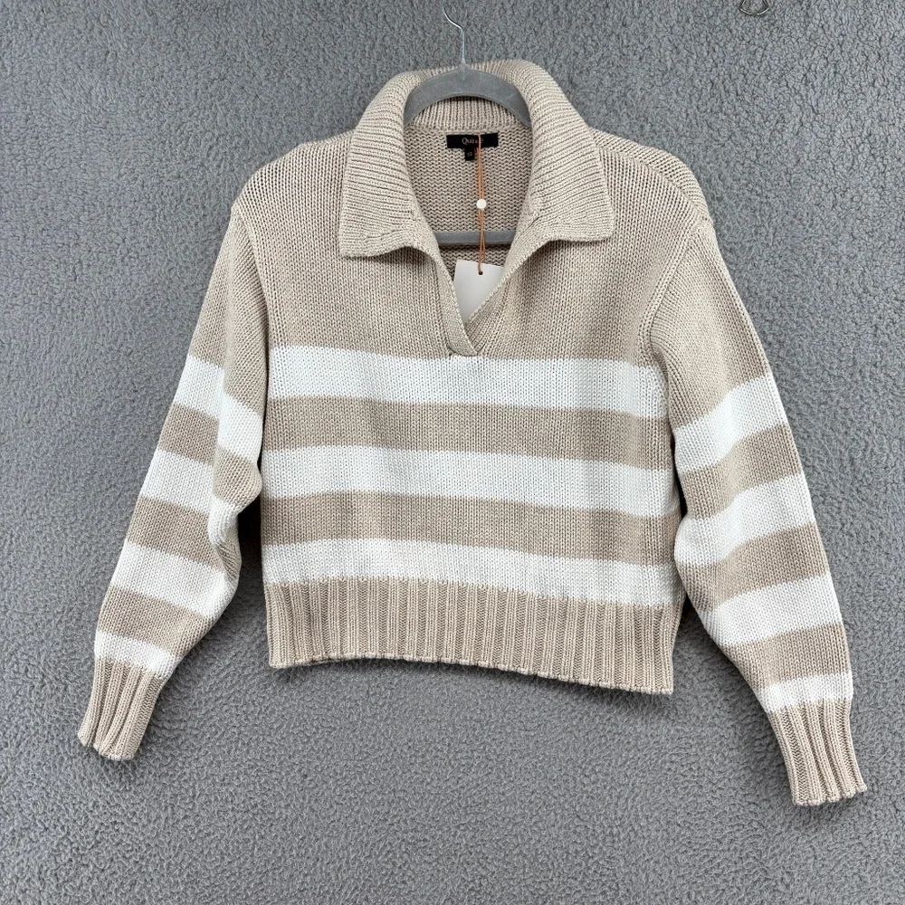 Quince Cream and White Striped V-Neck Sweater - Picture 7 of 15